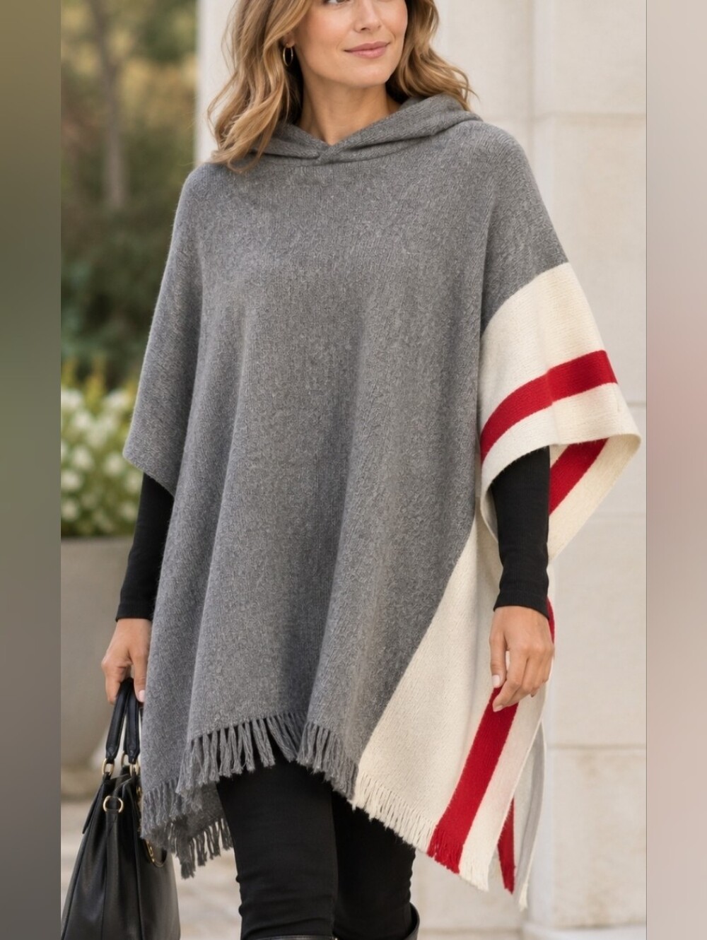 Roots Cabin Hooded Knit Poncho Sweater in Gray with Cream & Red Accents Sz. OS